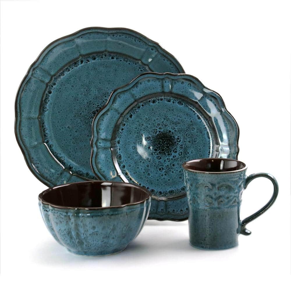 Lavish Blue Ceramic Round Dinnerware Set, Service for 4