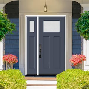 Legacy 51 in. x 80 in. 1/4 Toplite Rain Glass RHIS Primed Dark Denim Finish Fiberglass Prehung Front Door w/12 in. SL