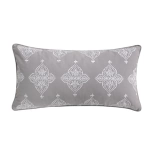 Rome Grey, White Embroidered Medallion 24 in. x 12 in. Throw Pillow