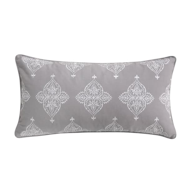 LEVTEX HOME Rome Grey, White Embroidered Medallion 24 in. x 12 in. Throw Pillow