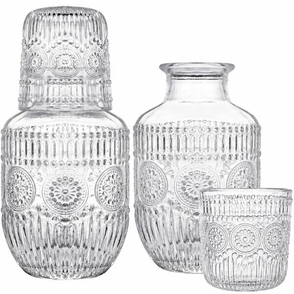 4-Piece Glass Bedside Carafe and Tumbler Set with Lid, 18 oz Pitcher and 5 oz Cup for Nightstand Water