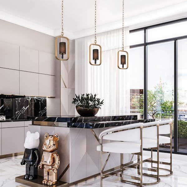 Modern Electroplated Brass Island Pendant Light Quinn 1-Light Chandelier Pendant Light with Fabric Shade