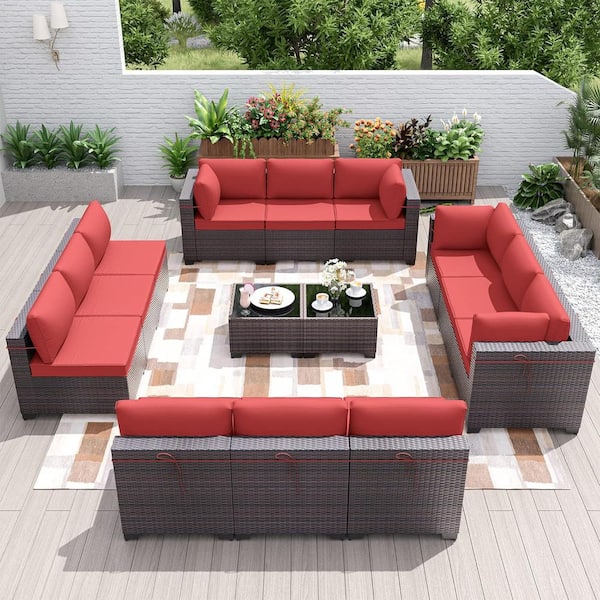 Halmuz 14-Piece Brown Wicker Outdoor Sectional Set with Glass Coffee Table and Red Cushions, Patio Chat, PE Rattan