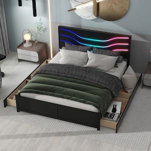 Black Wood Frame Queen Size Platform Bed with LED Lighted Headboard, 4-Drawer
