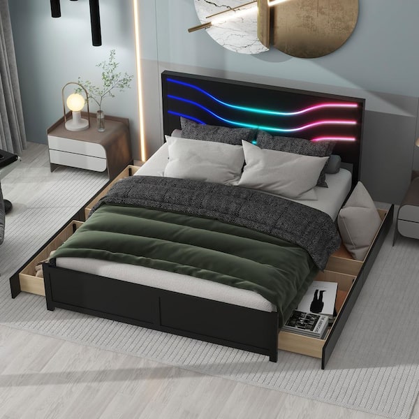 Harper & Bright Designs Black Wood Frame Queen Size Platform Bed with