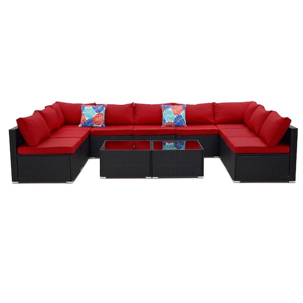 OVASTLKUY 11-Piece Red Wicker Rattan Patio Furniture Set Patio Conversation with Cushions
