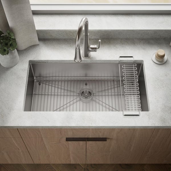 Strive Undermount Stainless Steel 35 in. Single Bowl Kitchen Sink Kit with Included Accessories