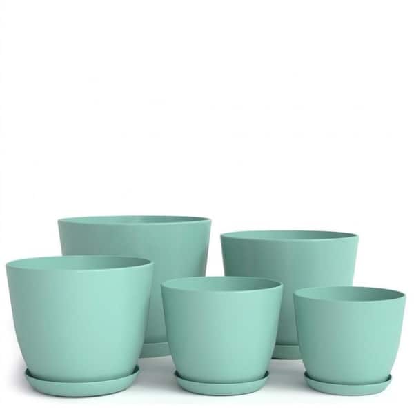 4.8 in. to 7 in. Plastic Indoor Plant Pots with Drainage Holes and Saucers for Home Decor, Aqua, 5-Pack