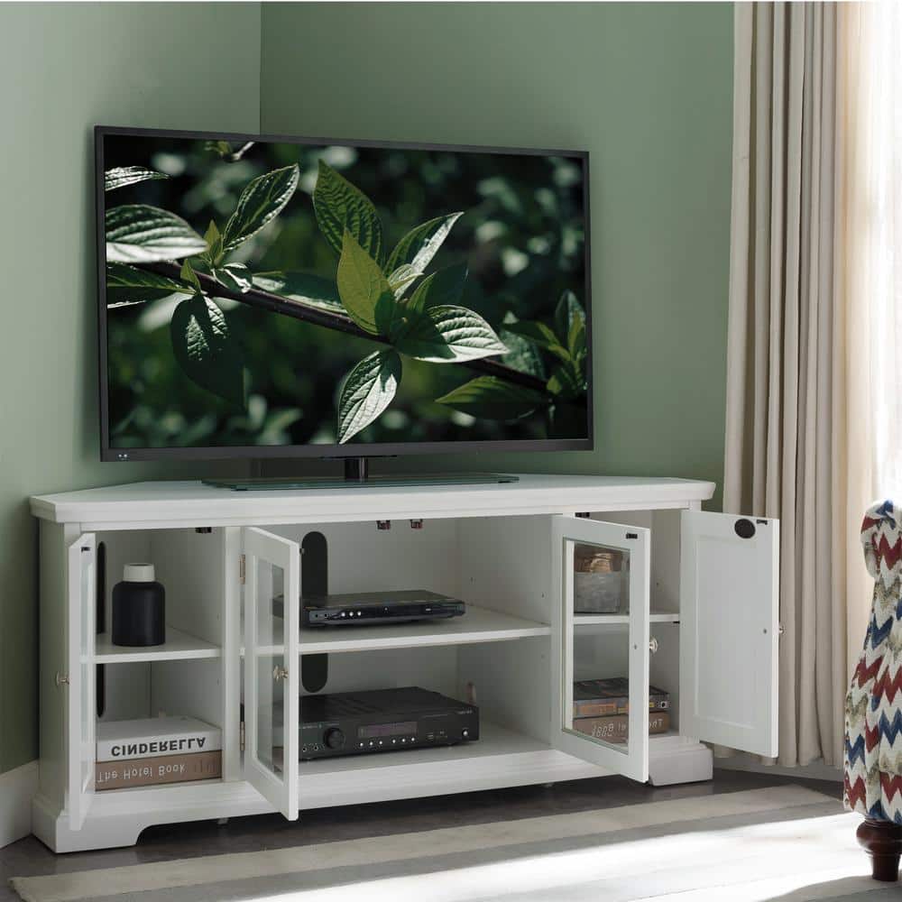 Riley Holliday Modern White Composite Wood Corner TV Stand with Cabinet