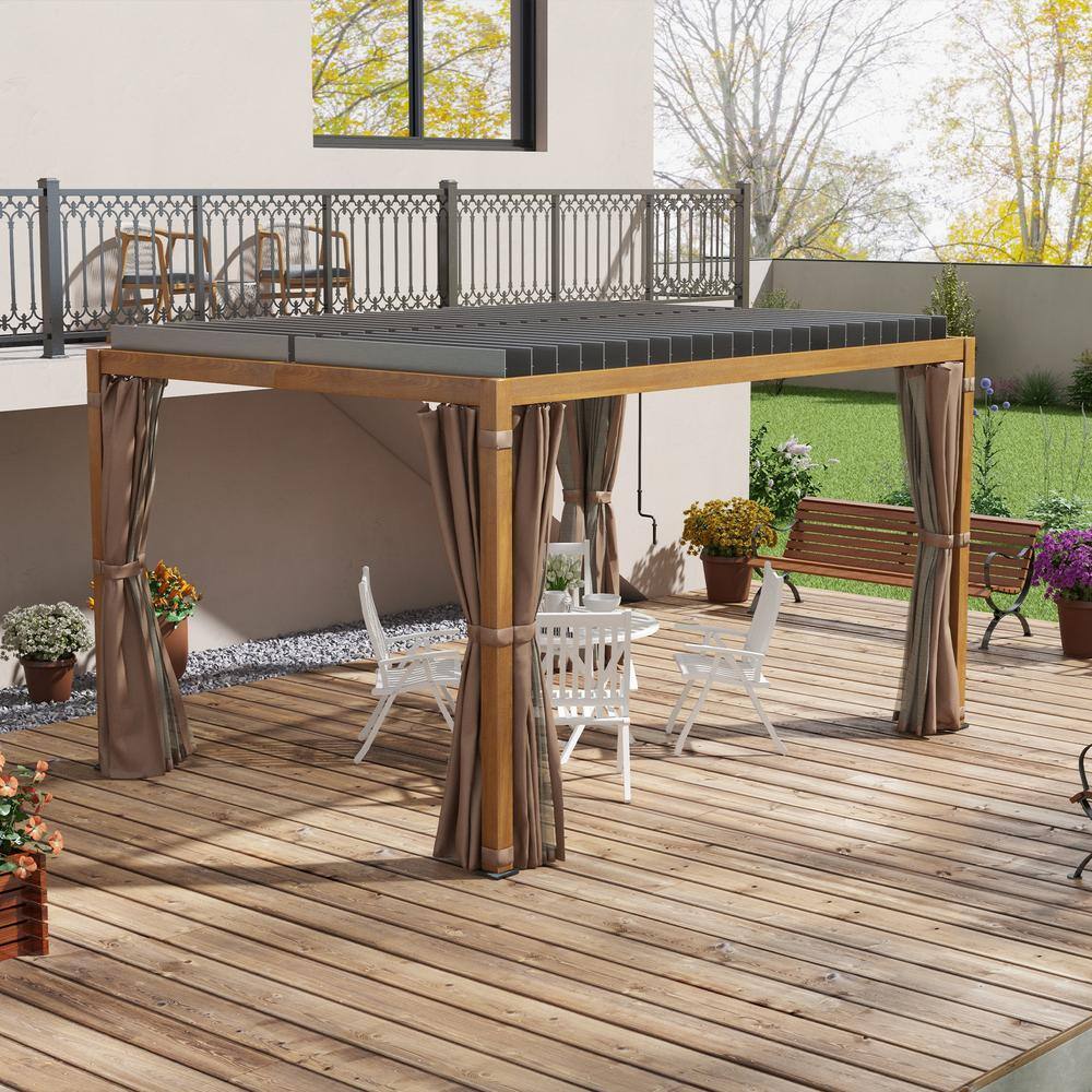 Gray and Natural Aluminum Pergola with Canopy and Curtains