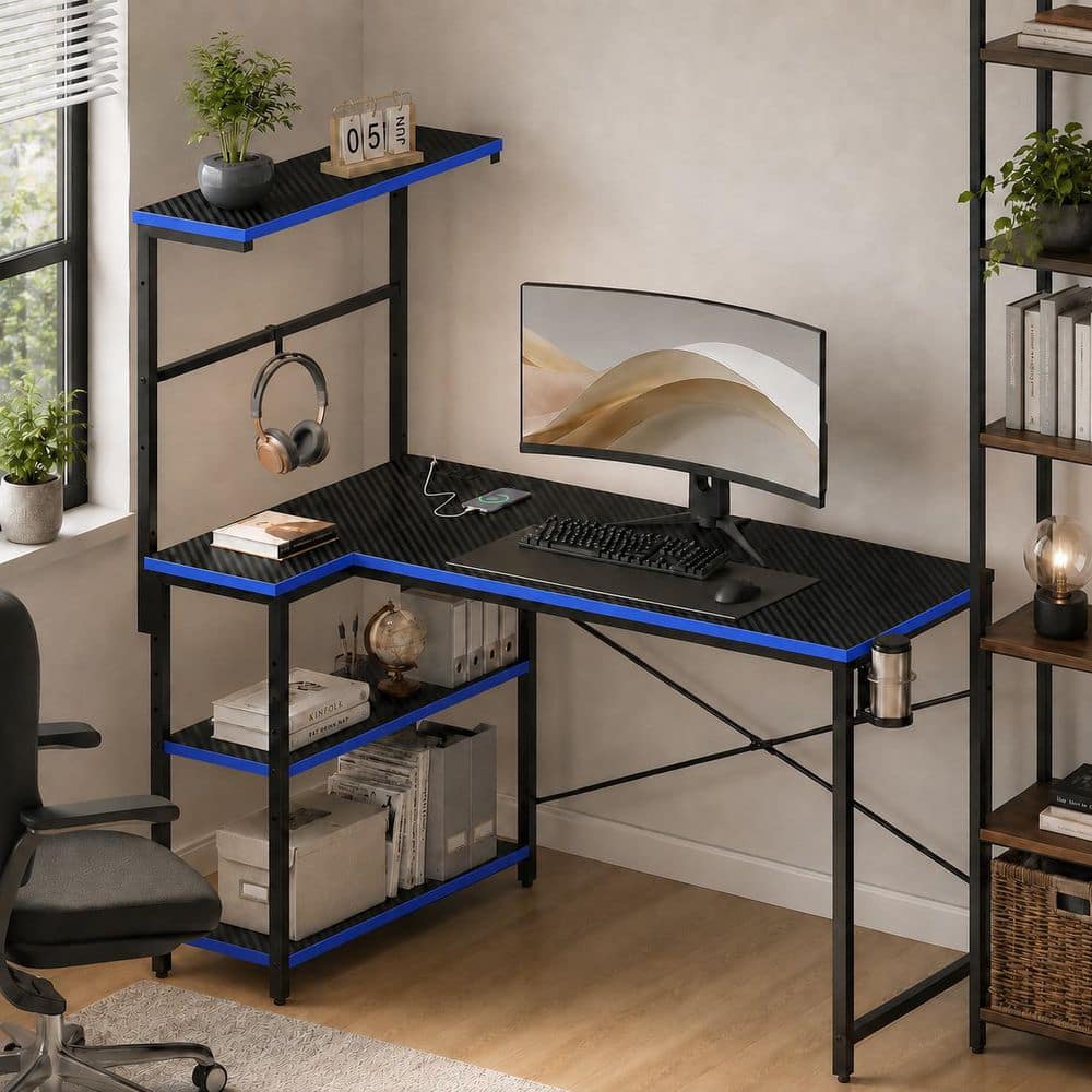 40.6 in. Reversible L-Shaped Carbon Fiber with Blue Edge Computer Desk with Built-In Power Strip and LED Lights