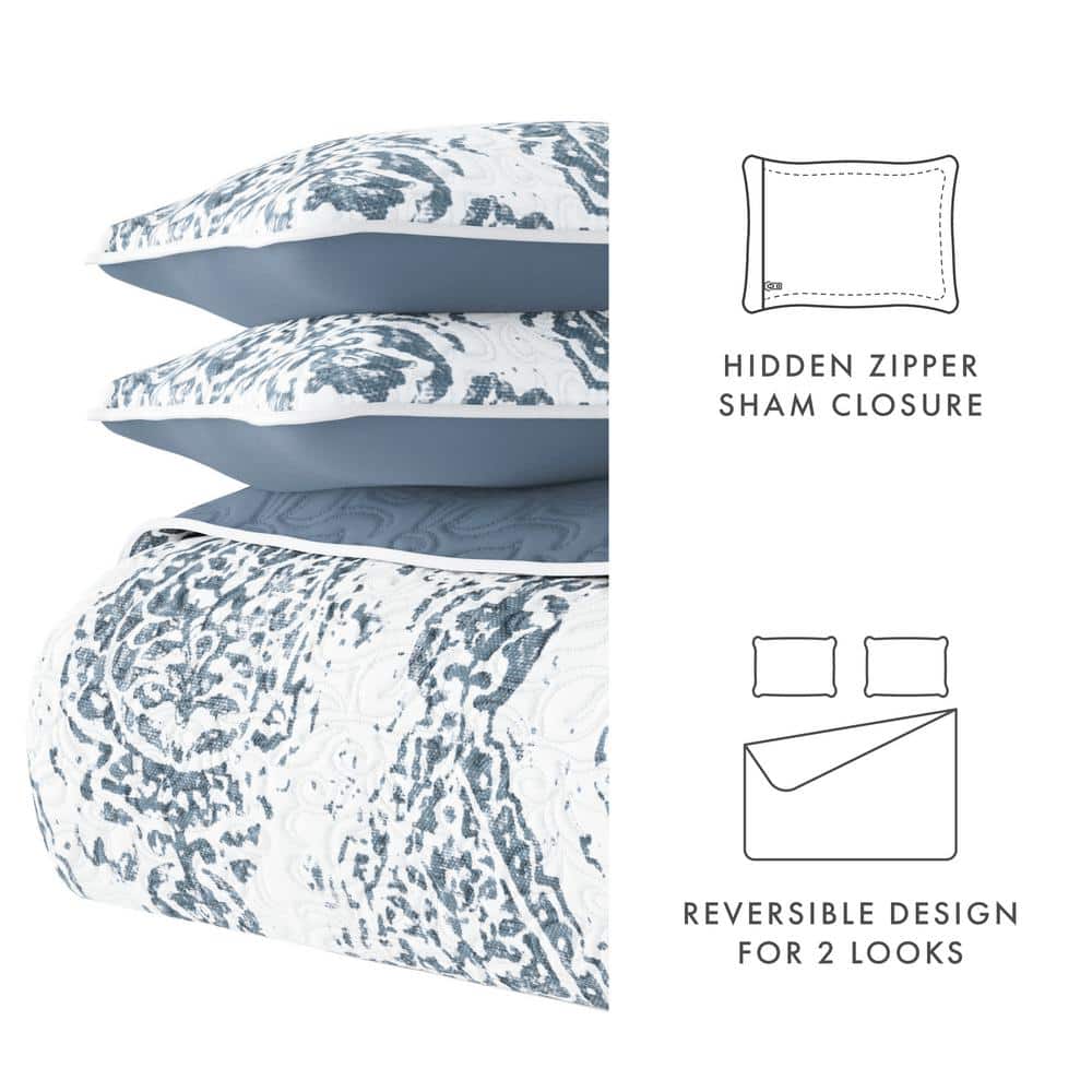 Dusk Blue King Microfiber Reversible Quilt Set