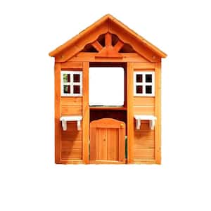 Wooden Kids Indoor, Outdoor Wood Playhouse with 2 Windows and Flowerpot Holder