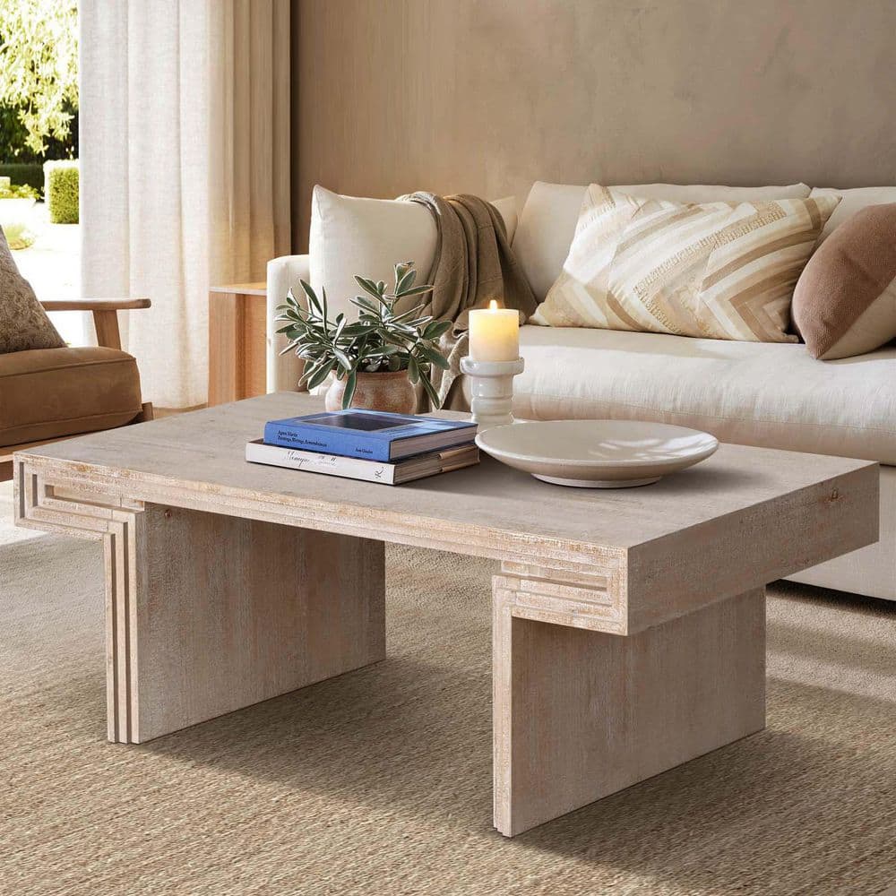 48 in. Antique Natural Rectangle MDF Farmhouse Coffee Table American Vintag