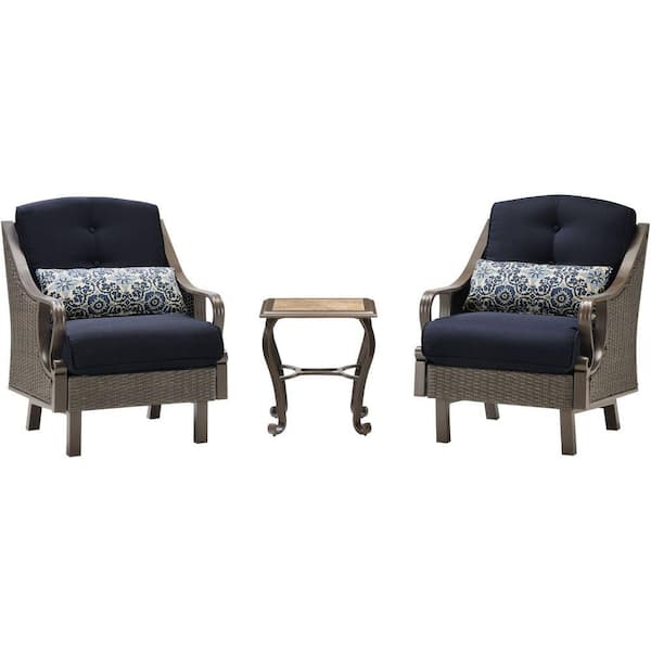 Hanover Ventura 3-Piece All-Weather Wicker Patio Chat Set with Navy Blue Cushions