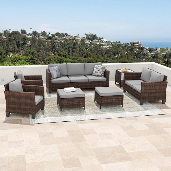 7-Pieces Patio Conversation Set with Loveseat Sofa and Side Table All-Weather Brown Wicker with Gray Cushions