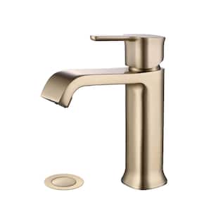 Single Handle Deck Mount Single Hole Bathroom Faucet with Drain Kit Included in Brushed Gold