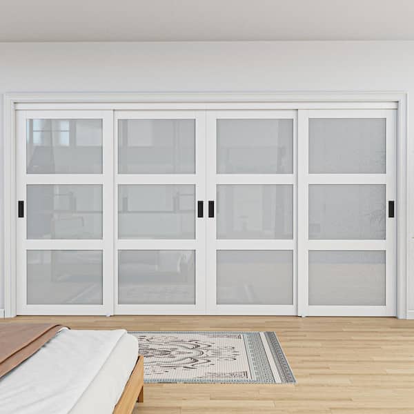144 in. x 80 in. 3-Lite Frosted Glass White Finished MDF Interior Closet Sliding Door with Hardware and Black Handles