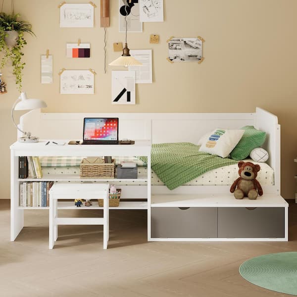 White Twin Daybed with Storage Shelves and Lockers, Study Desk and Matching Stool