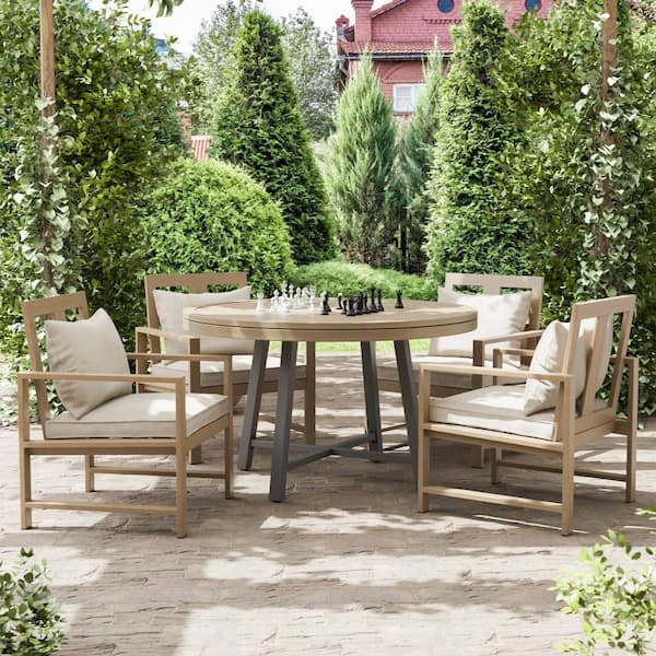 Lyon Brown 5-Piece Metal/Teak Round 3-In-1-Outdoor Dining Set with Beige Cushions/Arm Chairs and Chess Set