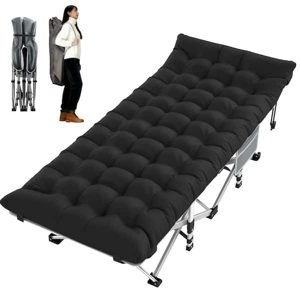 Oversized Folding Camping Cot Metal 1-Piece Metal Heavy-Duty Outdoor Chaise Lounge with Black Cushions