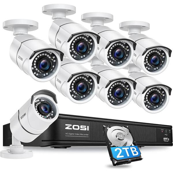 ZOSI 8 Channel 5MP-Lite 2TB DVR Outdoor/Indoor Security Camera System with 8 1080p Wired Bullet Cameras