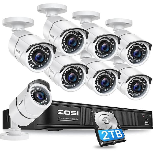 ZOSI 8 Channel 5MP-Lite 2TB DVR Outdoor/Indoor Security Camera System with 8 1080p Wired Bullet Cameras