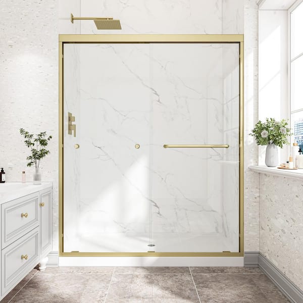 55 to 60 in. W x 72 in. H Sliding Framed Shower Door in Brushed Gold with Clear Tempered Glass