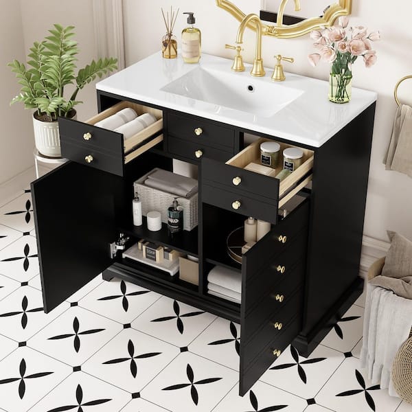 36 in. Single Sink Freestanding Black Bath Vanity with White Ceramic Top and 2 Drawer Storage Cabinet Unassembled