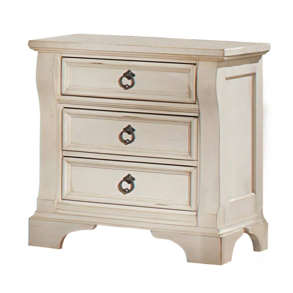 Heirloom Antique White 3-Drawer Nightstand with Pewter Handles
