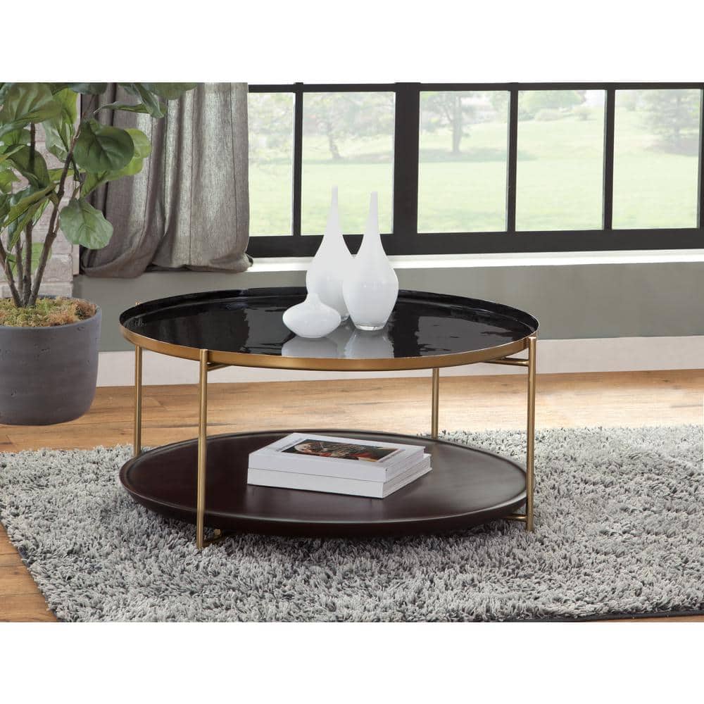 Stevie 36" Black Enamel and Bronze Metal Round Coffee Table with Cherry Wood Shelf