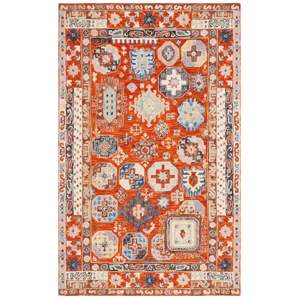 Ivory and Rust Handmade Wool Tufted Rectangular Area Rug 5' x 8'