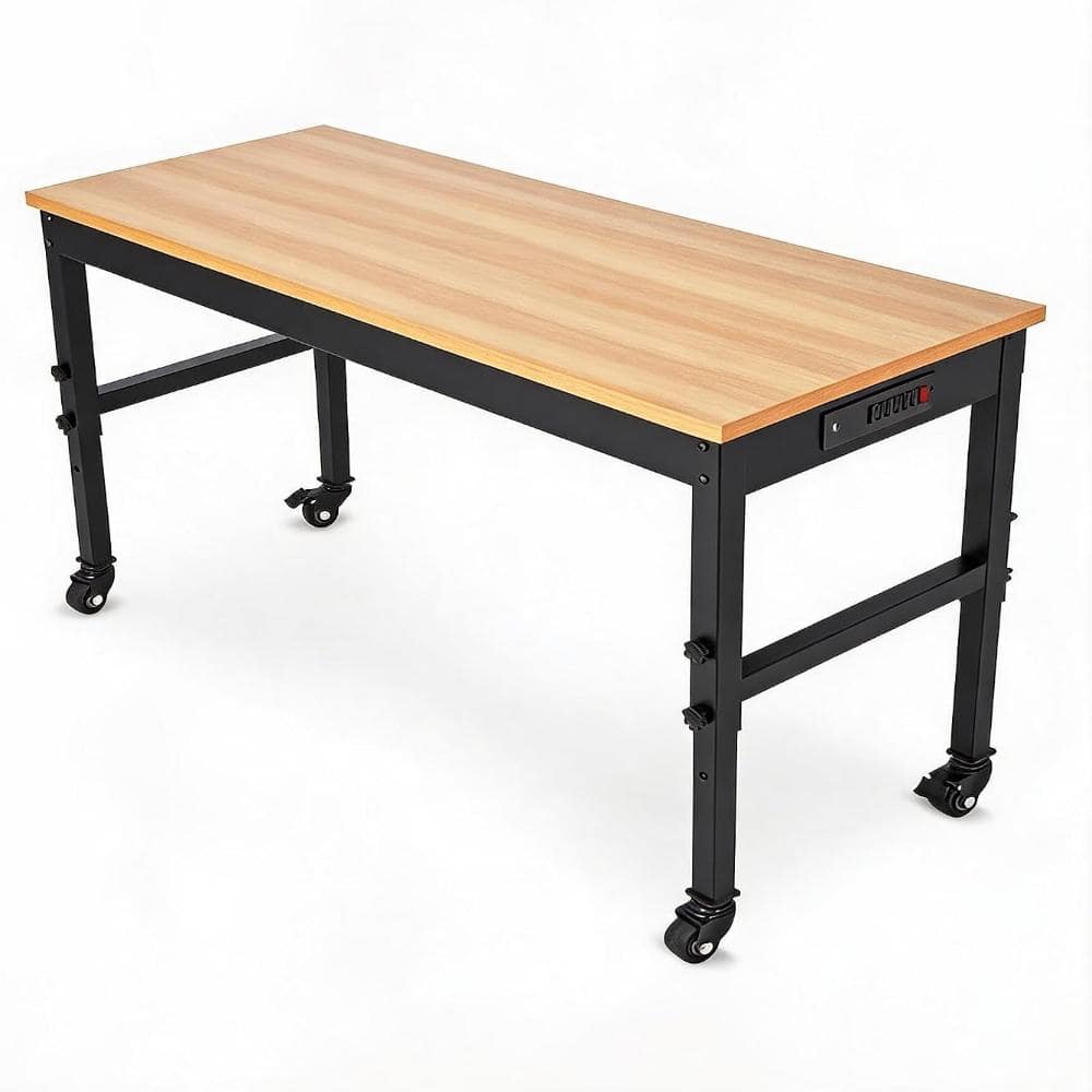 48"x24" Solid Wood Workbench Adjustable Height 2500 LBS, Rolling Work Table with Power Outlets & Locking Casters