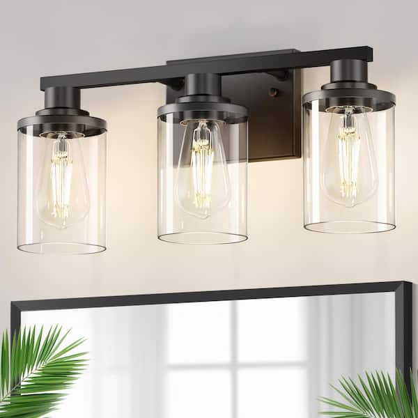 YANSUN 20 in. 3 Light Bathroom Vanity Light,Modern Black Bathroom Light Fixtures Over Mirror with Clear Glass Shade