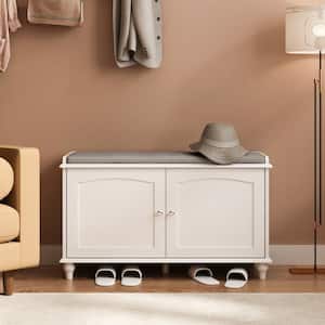 20.8in. Hx35.8in. W, 8-Pair White Wooden Shoes Storage Cabinet, with Adjustable Shelves and Cushion