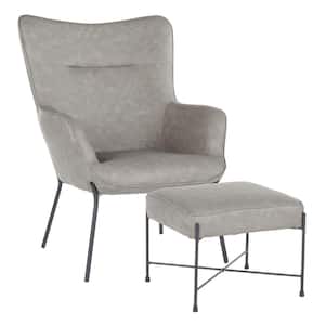 Izzy Black Lounge Chair with Ottoman in Grey Faux Leather