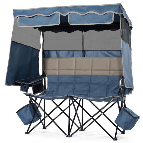 Blue Steel Frame Double Beach Chair With Canopy Shade Cup Holders and Cooler Bag for Beach, Lawn, Camping, Fishing