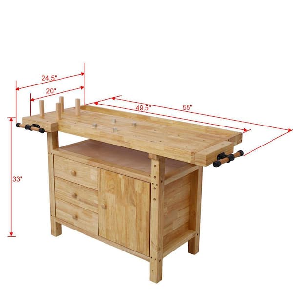 Wood Workbench with Rapid Action Cast Iron Vise-7 in. Jaw Width Heavy-Duty Rubberwood Work Table for Garage, Workshop