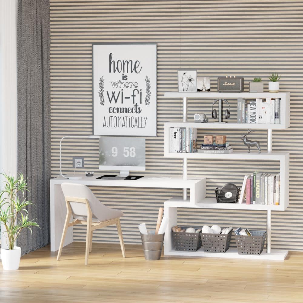 White Foldable L-Shaped Corner Writing Desk with Shelves