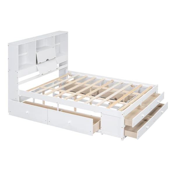 White Wood Frame Queen Size Platform Bed with Storage Headboard and 8-Drawers