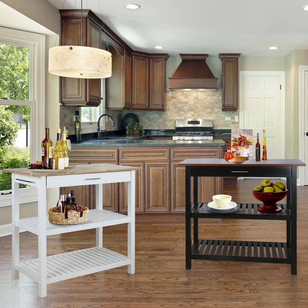 Sophisticated White Solid Wood Top Kitchen Island with Storage