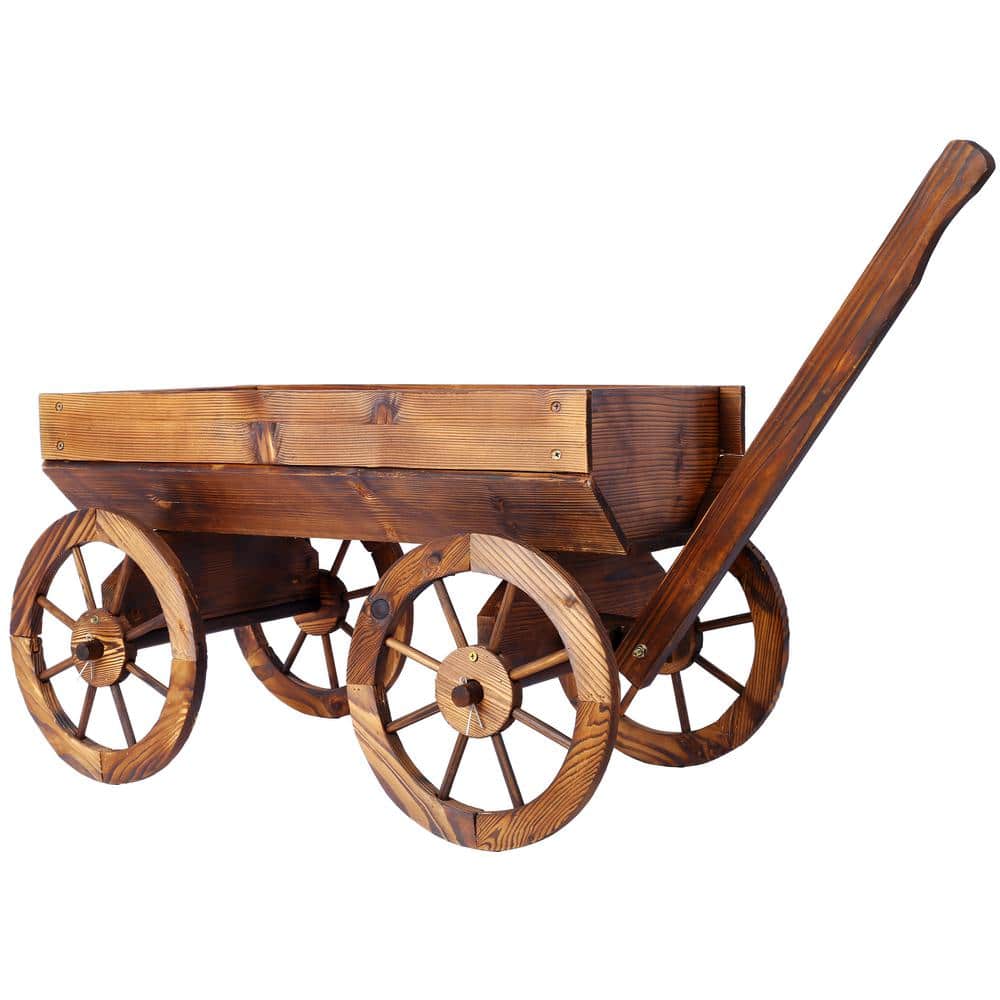 41.4 in. Brown Wood Wagon Outdoor Flower Planter Pot with Wheels for Garden