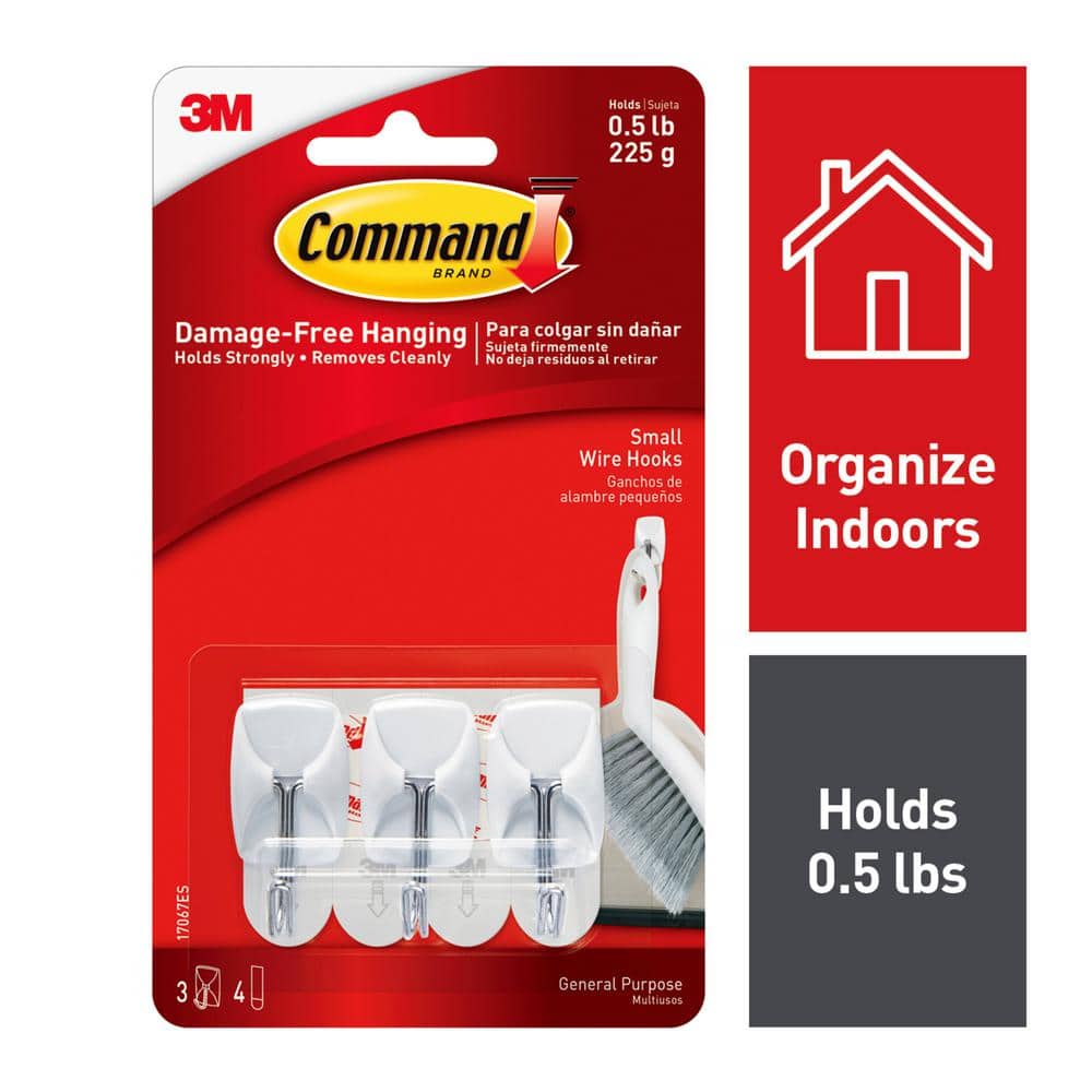 Command 17067 Adhesive Hooks, Small, Holds 1/2-lb, White, 3/Pack 