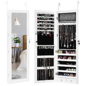 Wall Door Mounted Mirror Jewelry Box Cabinet Lockable Armoire Organizer with LED Light