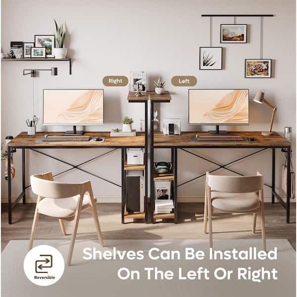 44 in. Rectangular Rustic Brown Computer Desk with 4 Tier Storage Shelves and Hook，Home Office Desk with LED Lights