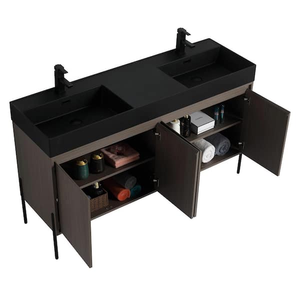 Crownpoint 60 in. Freestanding Double Gray Oak Bathroom Vanity with Black Acrylic Sink Top Unassembled