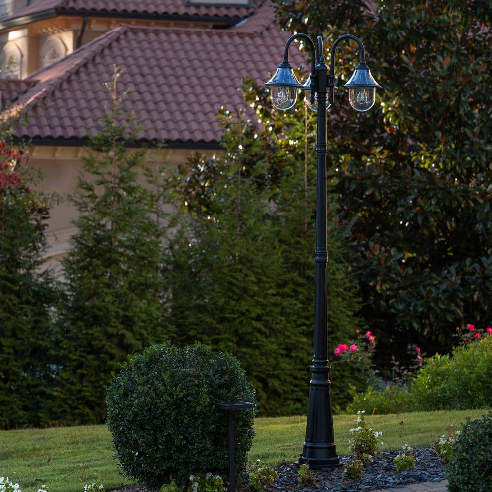 Orion Triple-Head Solar Lamp Post in Black Resin with LED, Dusk to Dawn