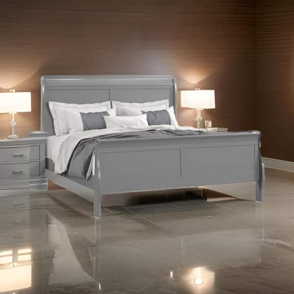 Ryla Classic Light Gray Twin Wood Frame Sleigh Bed with Panel Headboard