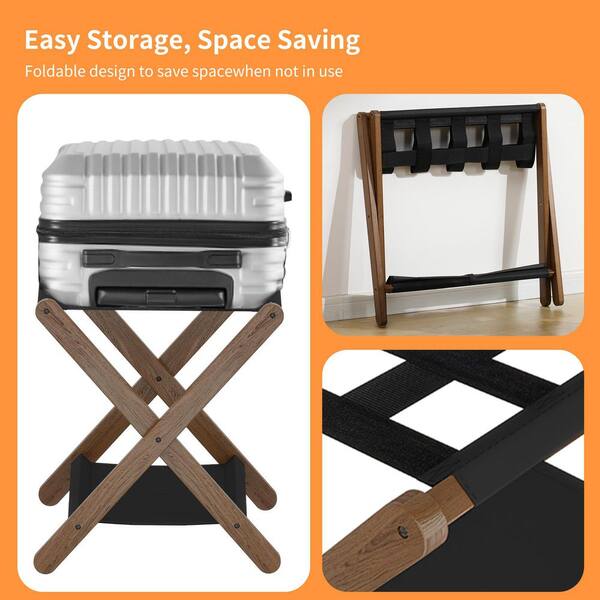 Numhew Heavy-Duty Walnut Folding Luggage Rack with Storage Shelf