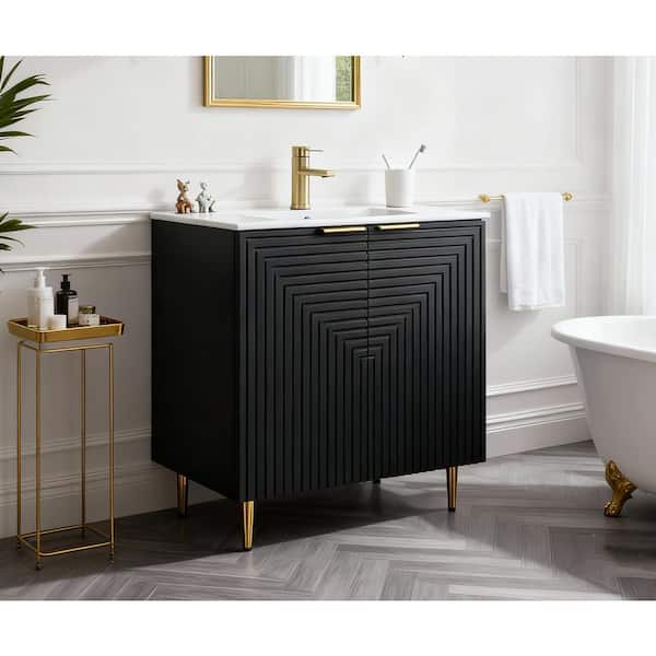 30 in. W x 18 in. D x 33 in. H Modern Bathroom Vanity in Black with White Ceramic Sink Top